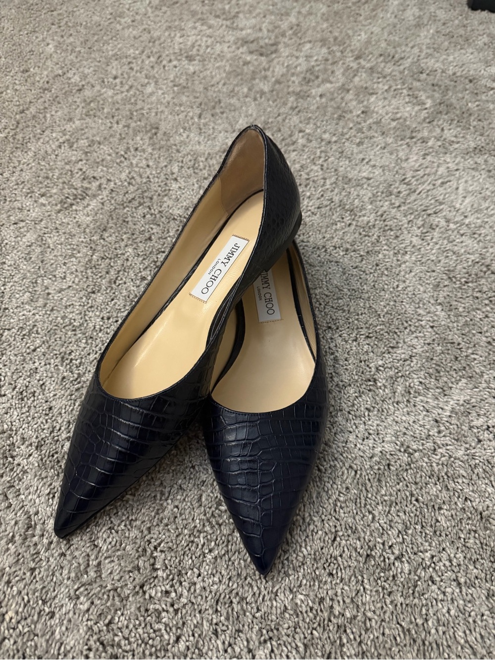 Jimmy Choo Navy Croc-Embossed Pointed Toe Flats